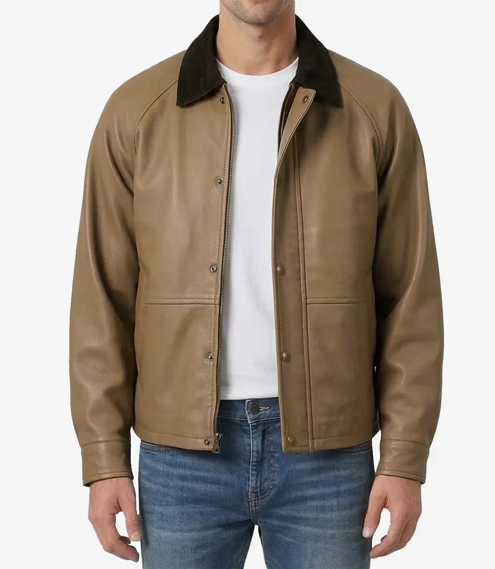 Men's Beige Leather Barn Jacket with Raglan Sleeves