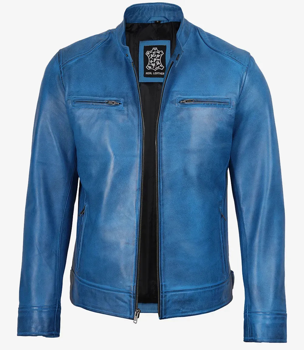 Men's Distressed Blue Leather Biker Style Jacket