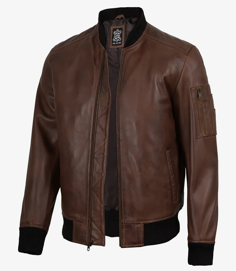 Men's Cognac Waxed Real Leather Bomber Jacket