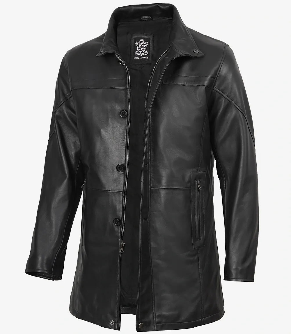 Bristol Mens Real Leather Black Car Coat