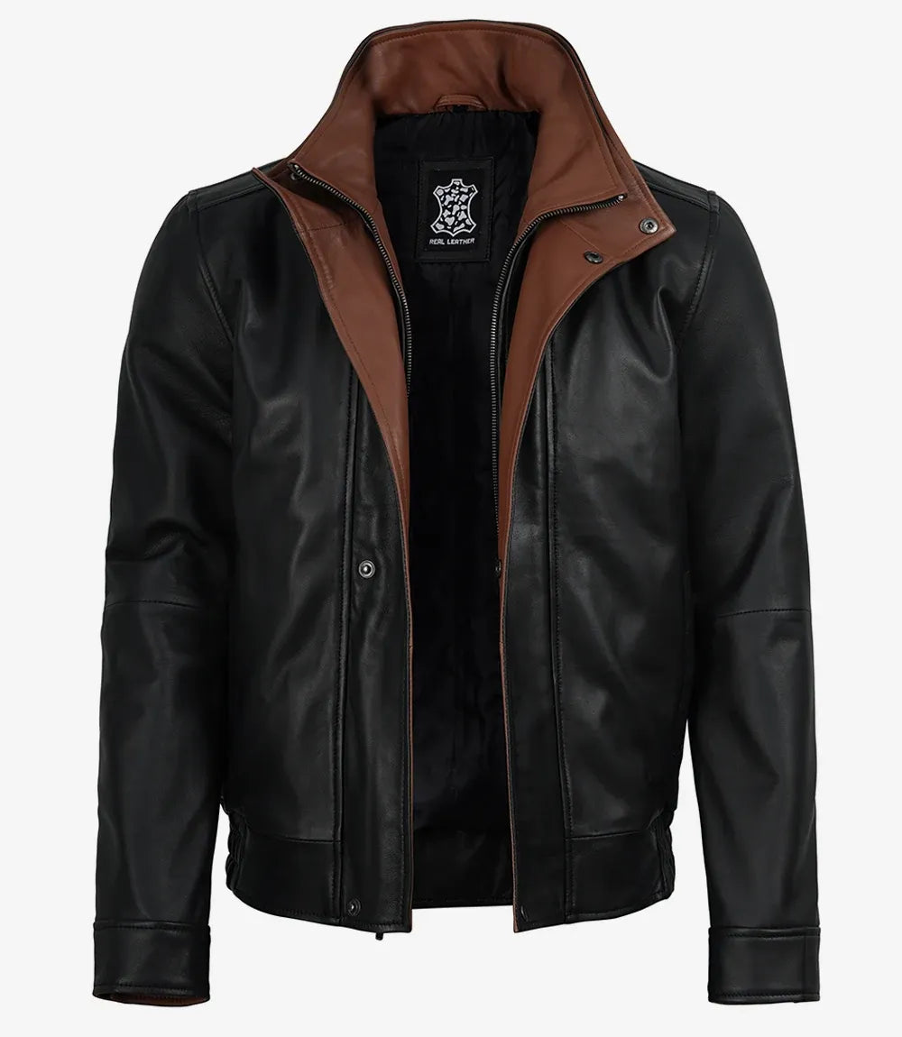 Erin Mens Funnel Collar Black Bomber Leather Jacket With Brown Details