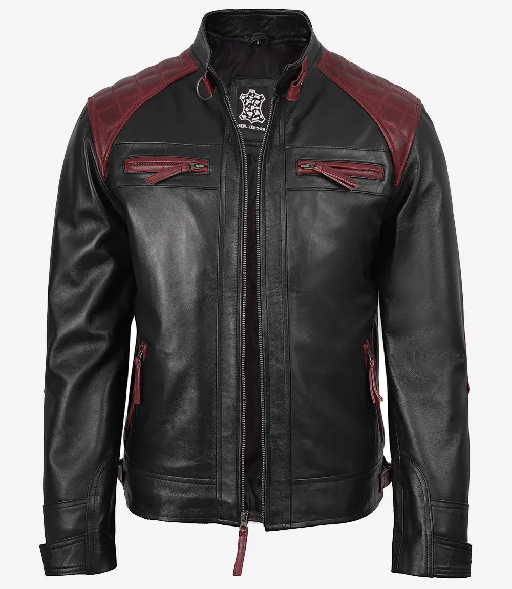 Men's Quilted Shoulder Black and Maroon Biker Style Leather Jacket
