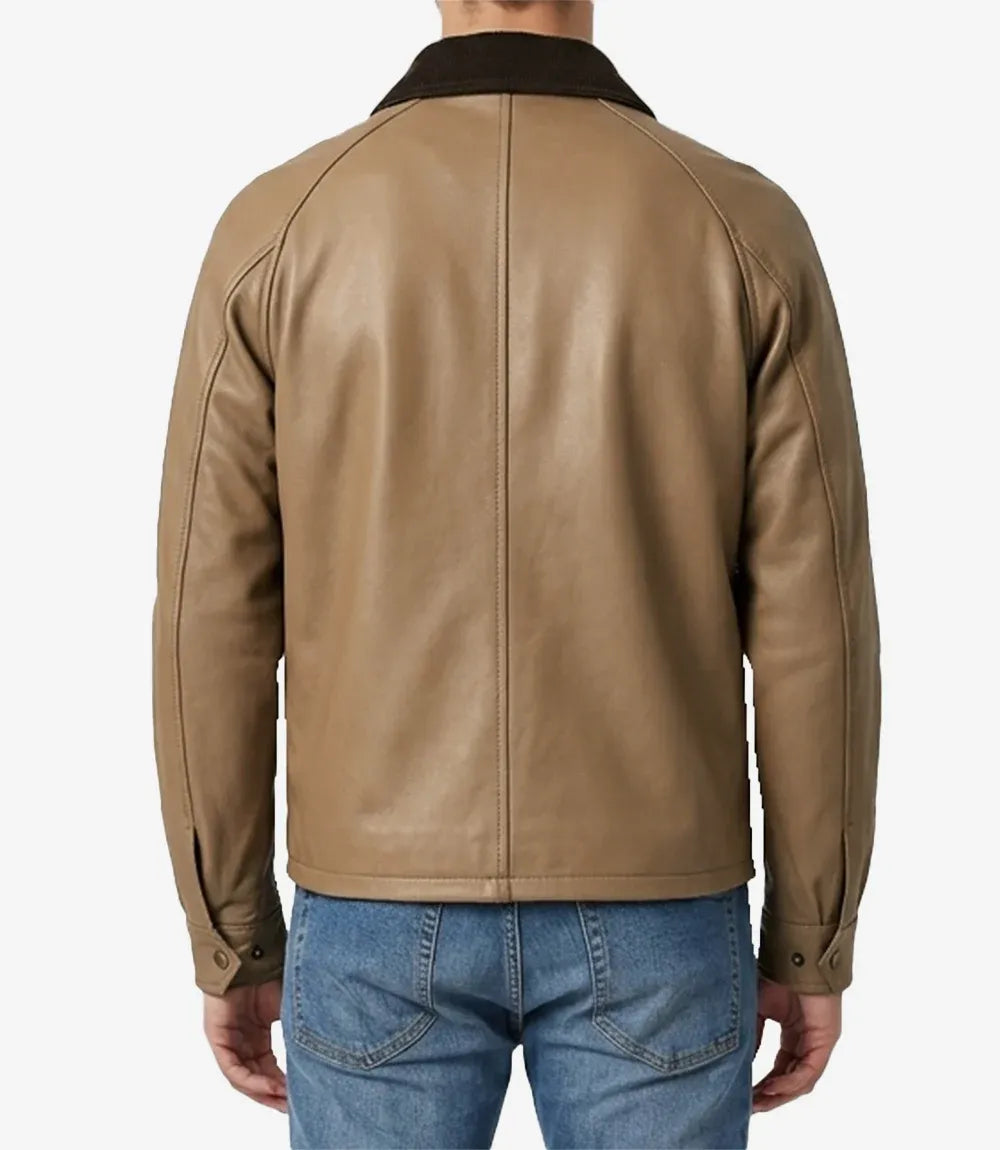 Men's Beige Leather Barn Jacket with Raglan Sleeves