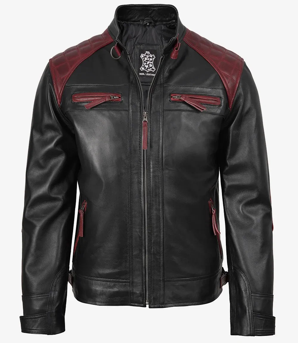 Men's Quilted Shoulder Black and Maroon Biker Style Leather Jacket