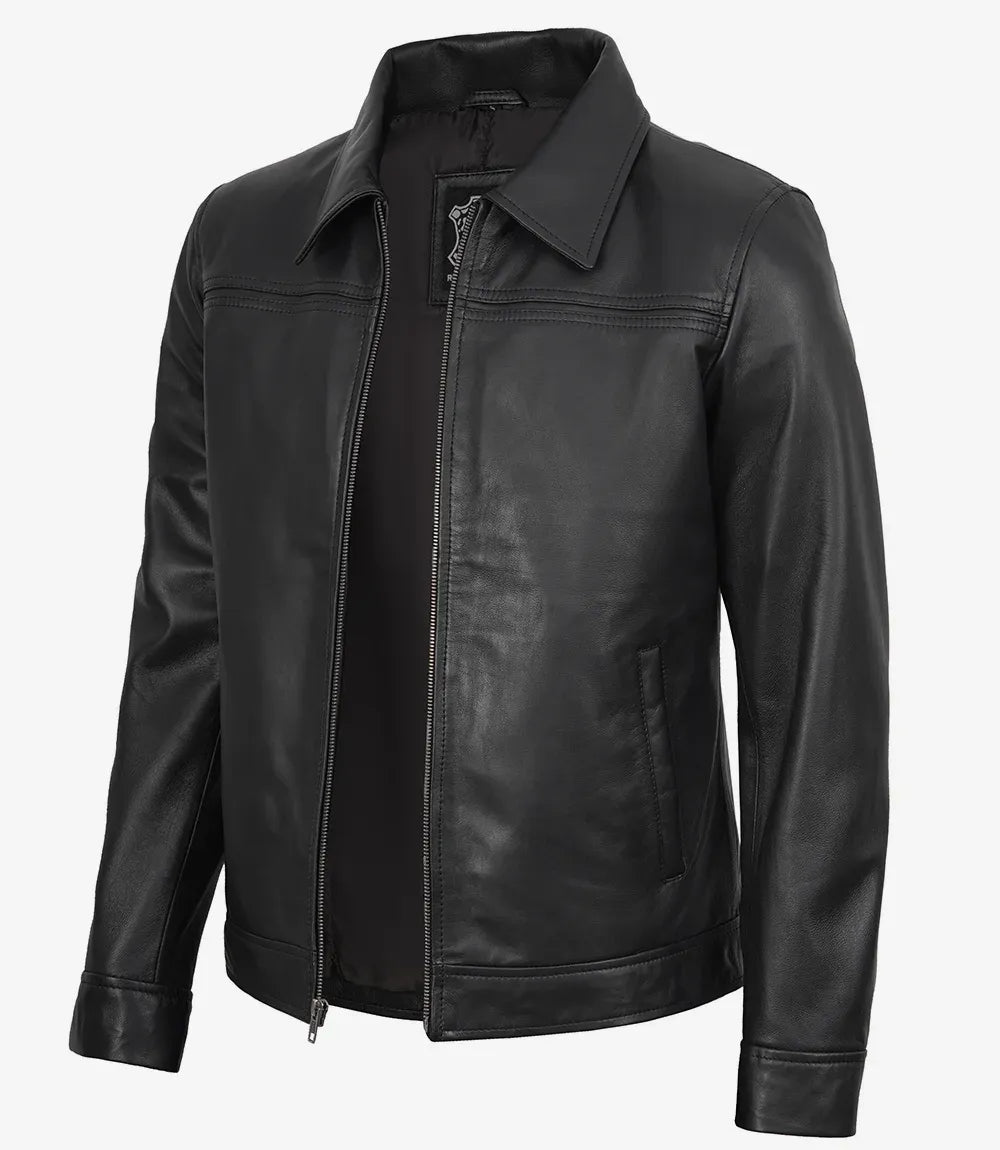 Men's Real Leather Black Shirt Collar Jacket