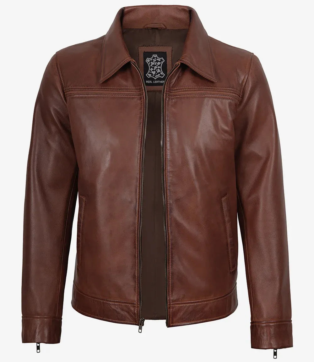 Mens Cognac Shirt Collar Leather Jacket
