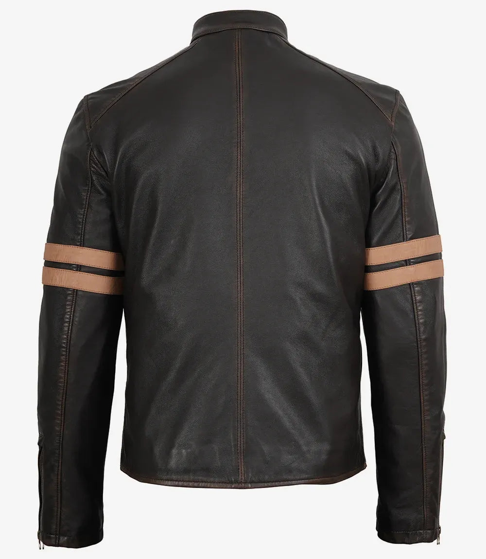 Men’s Vintage Brown Leather Biker Jacket with Dual Racing Stripes