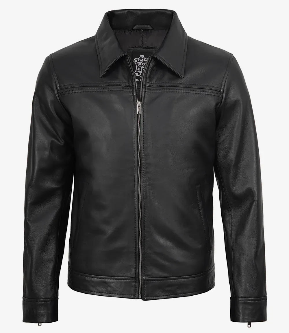 Men's Real Leather Black Shirt Collar Jacket