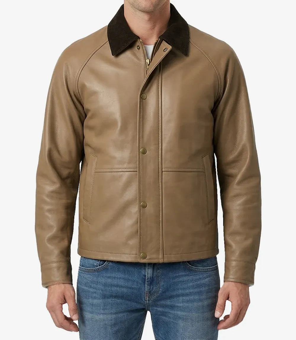 Men's Beige Leather Barn Jacket with Raglan Sleeves