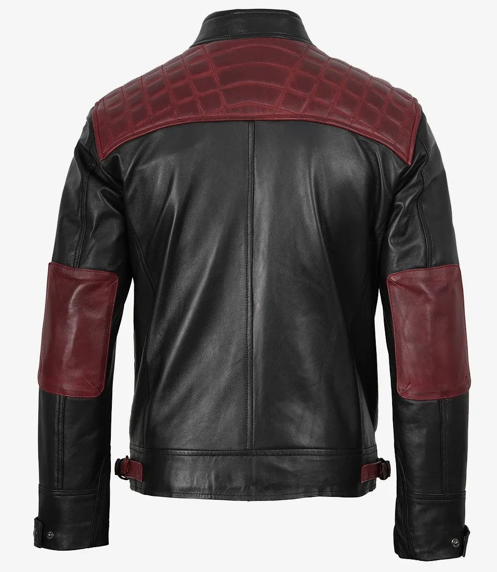 Men's Quilted Shoulder Black and Maroon Biker Style Leather Jacket