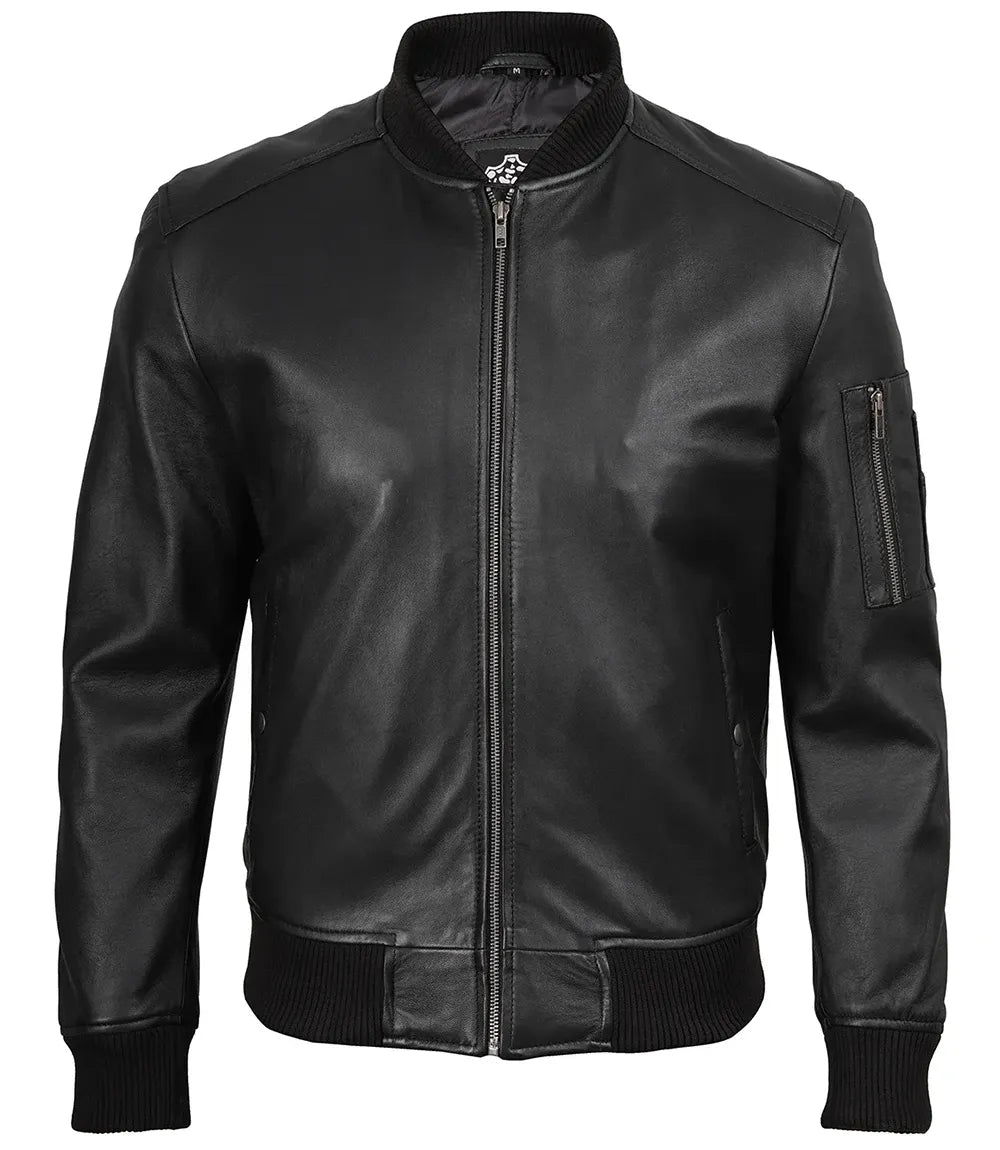 Men's Black Real Leather Bomber Jacket – Minimalist Edition