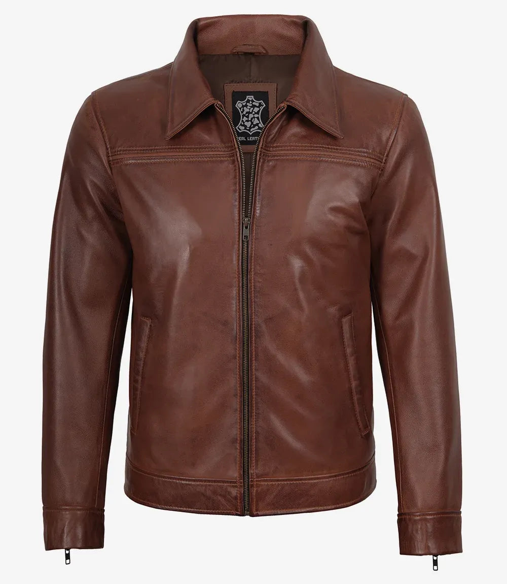Mens Cognac Shirt Collar Leather Jacket