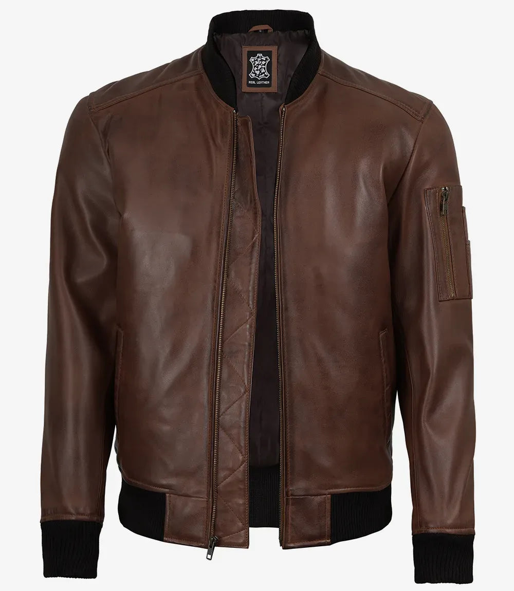 Men's Cognac Waxed Real Leather Bomber Jacket