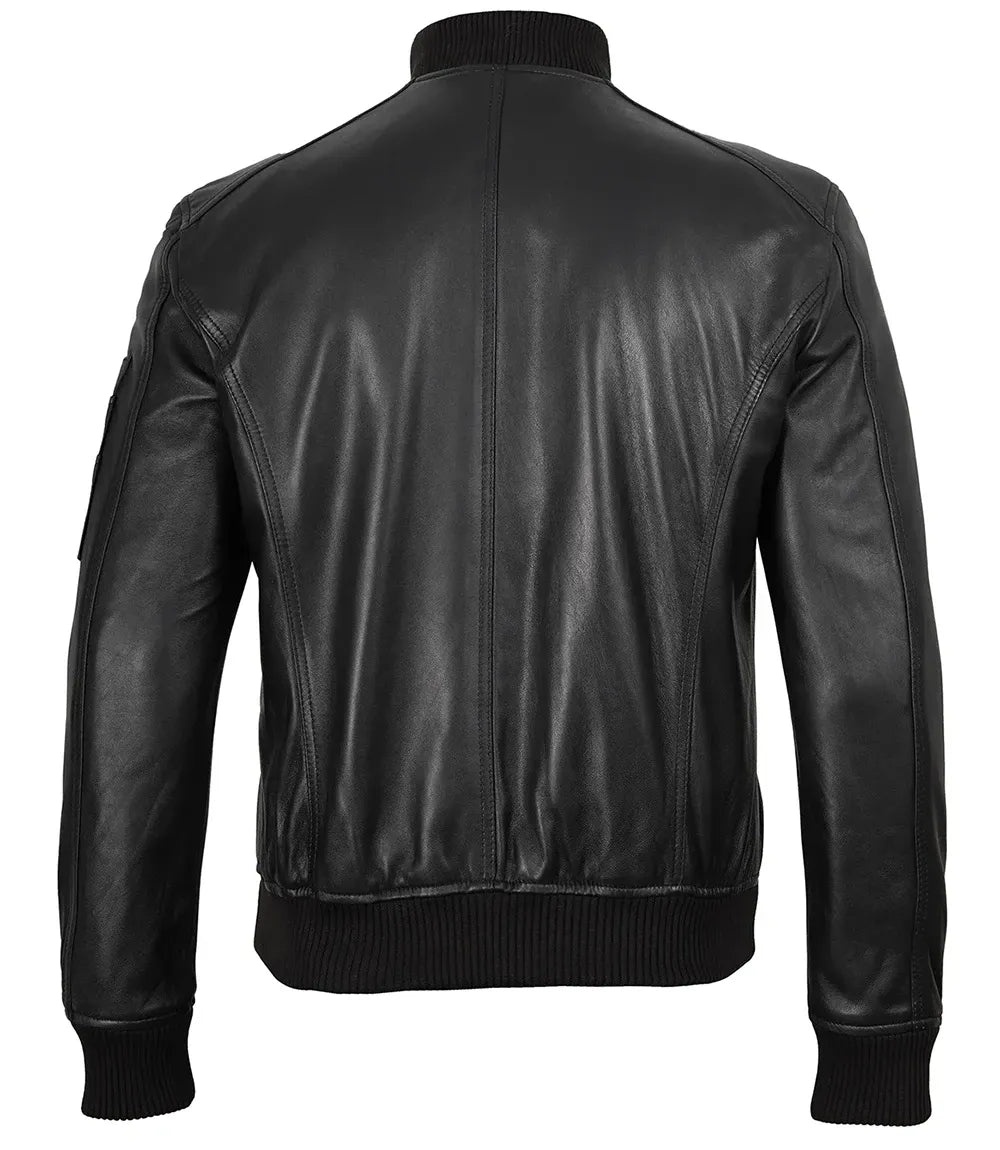 Men's Black Real Leather Bomber Jacket – Minimalist Edition
