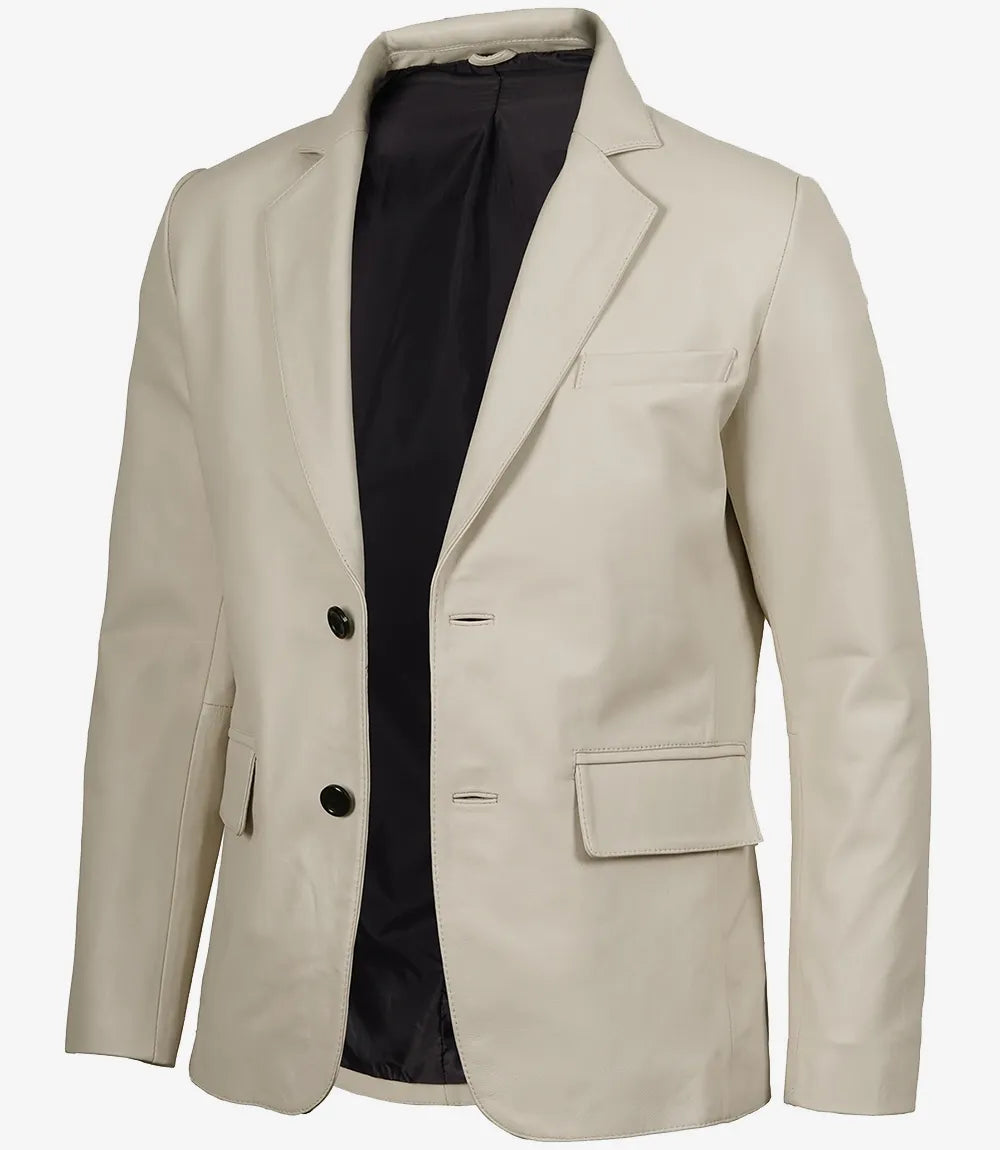Men's Real Leather Two Button Off White Blazer - Notch Lapel