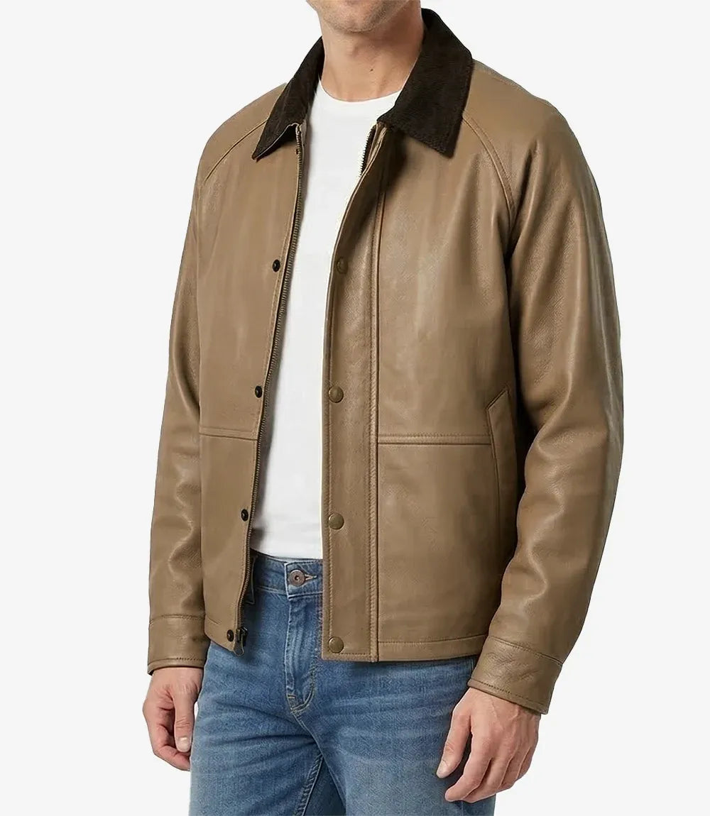 Men's Beige Leather Barn Jacket with Raglan Sleeves