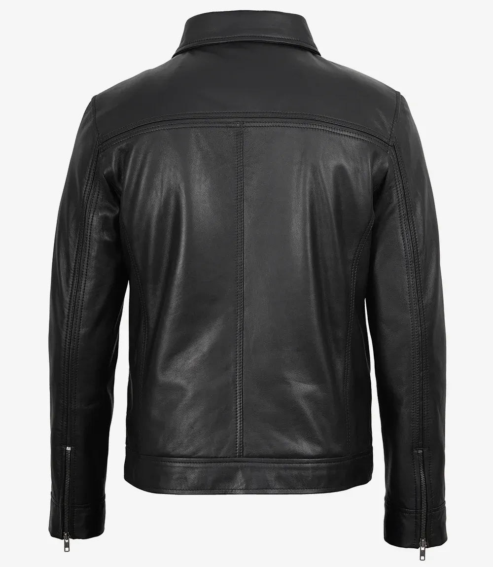 Men's Real Leather Black Shirt Collar Jacket