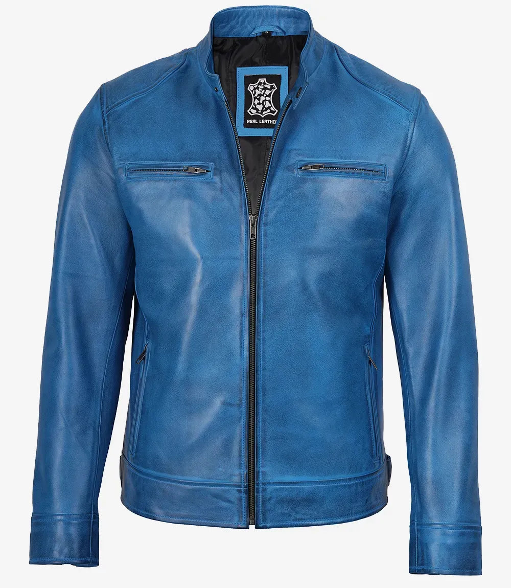 Men's Distressed Blue Leather Biker Style Jacket
