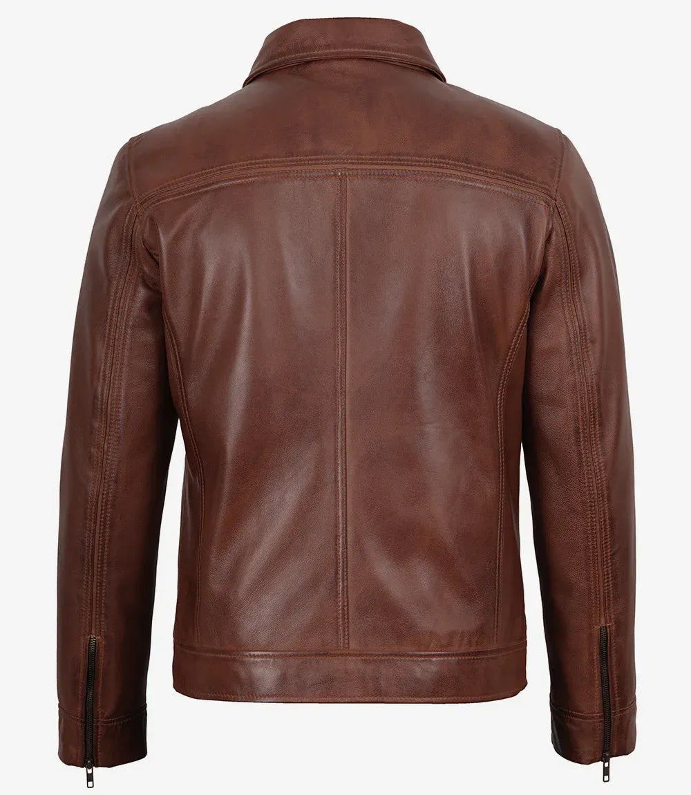 Mens Cognac Shirt Collar Leather Jacket