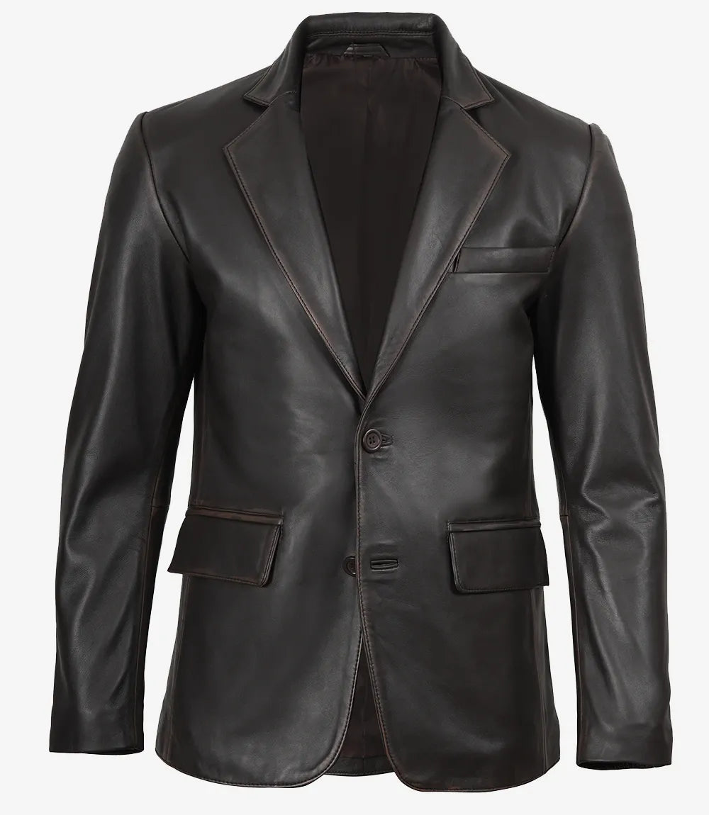 Mens Real Leather Distressed Brown Blazer - Two Button Closure