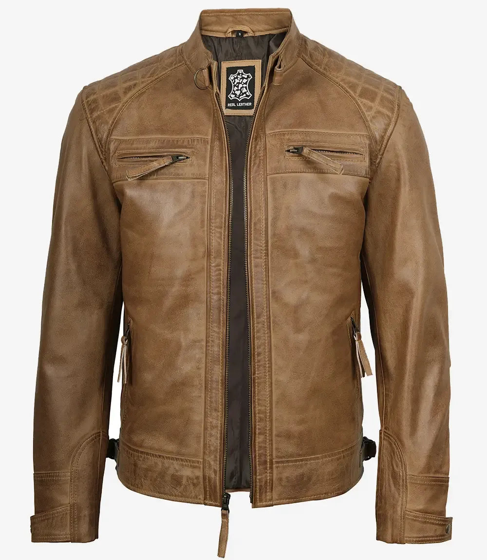 Men's Real Leather Camel Brown Biker Style Jacket