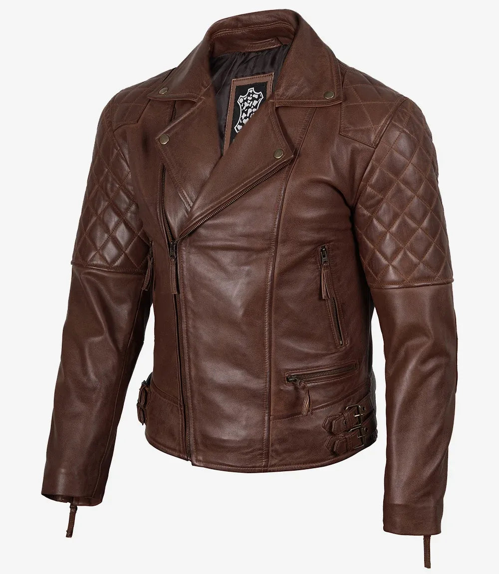 Men's Real Leather Asymmetrical Cognac Biker Style Jacket
