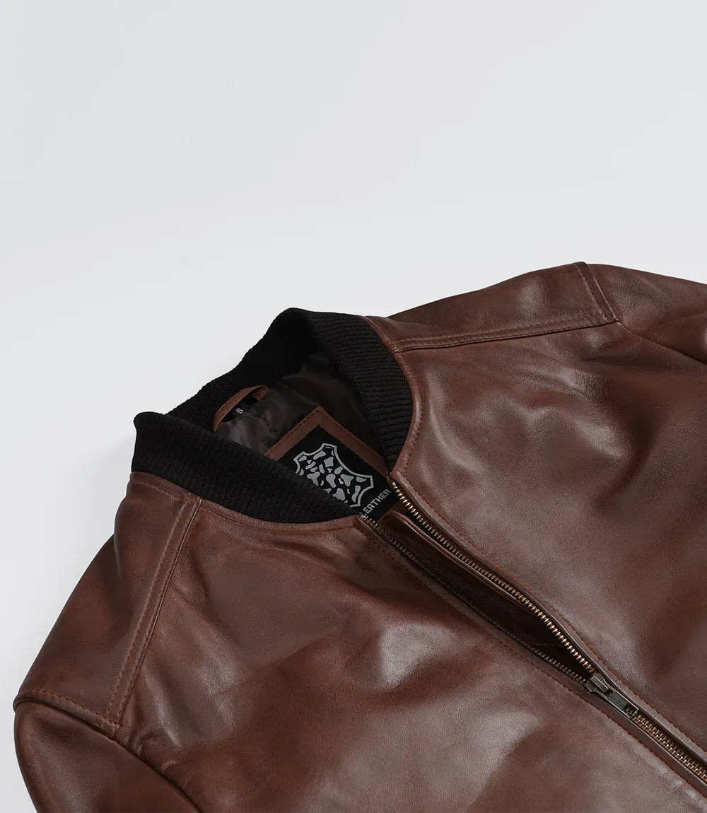 Men's Cognac Waxed Real Leather Bomber Jacket