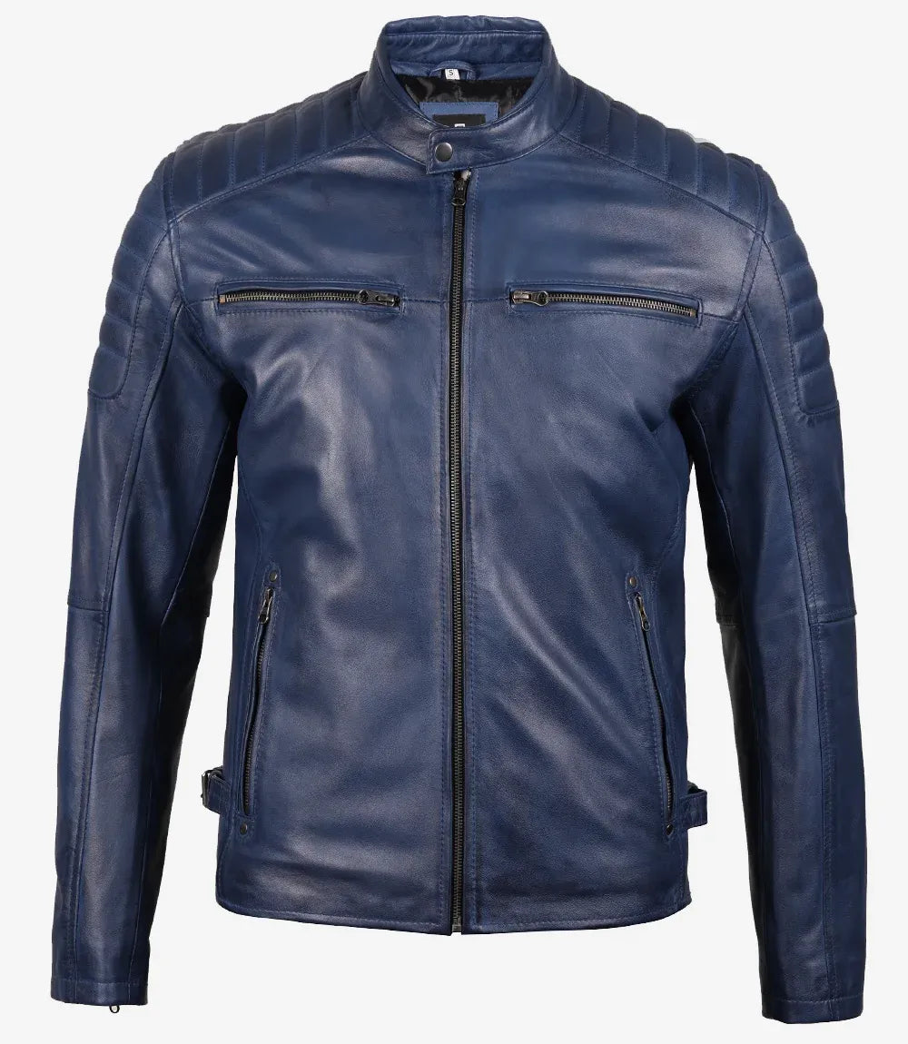 Mens Blue Waxed Biker Style Leather Jacket
