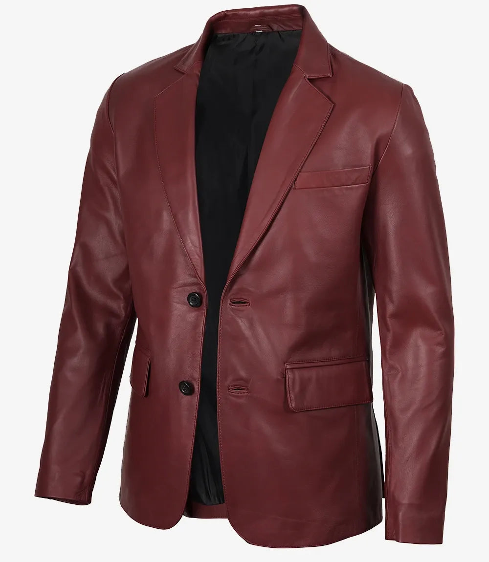 Men's Two Button Maroon Leather Blazer – Notch Lapel