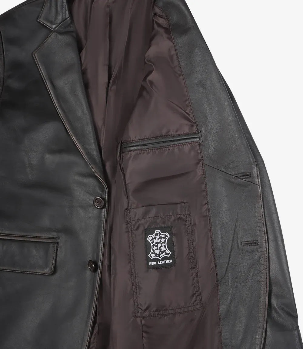 Mens Real Leather Distressed Brown Blazer - Two Button Closure
