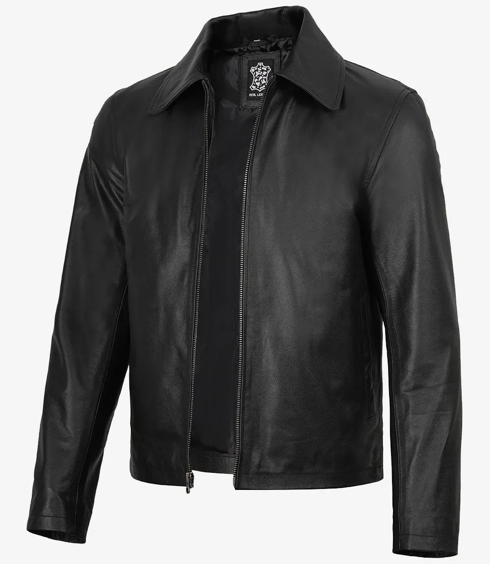 Mens Black Shirt Collar Cowhide Leather Jacket
