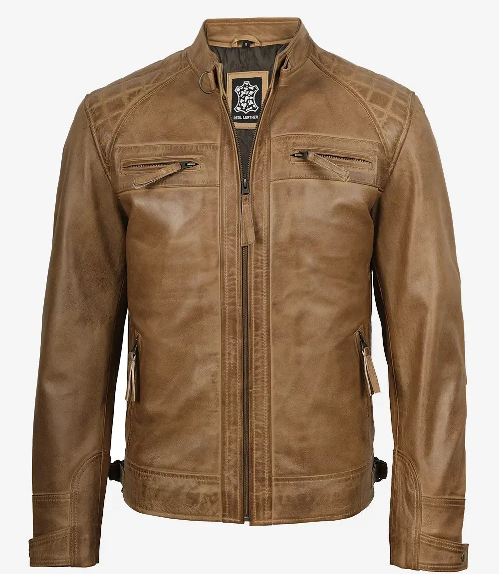 Men's Real Leather Camel Brown Biker Style Jacket