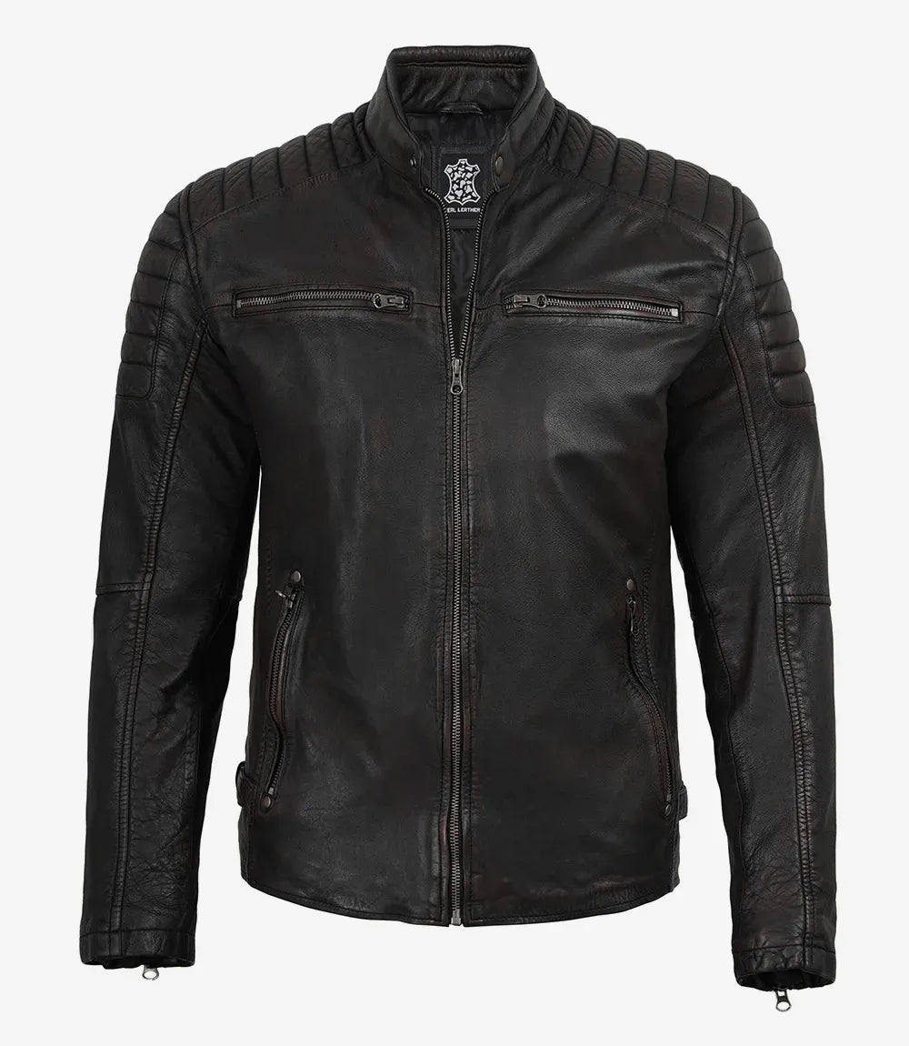 Mens Black Washed Maroon Tone Cafe Racer Leather Jacket