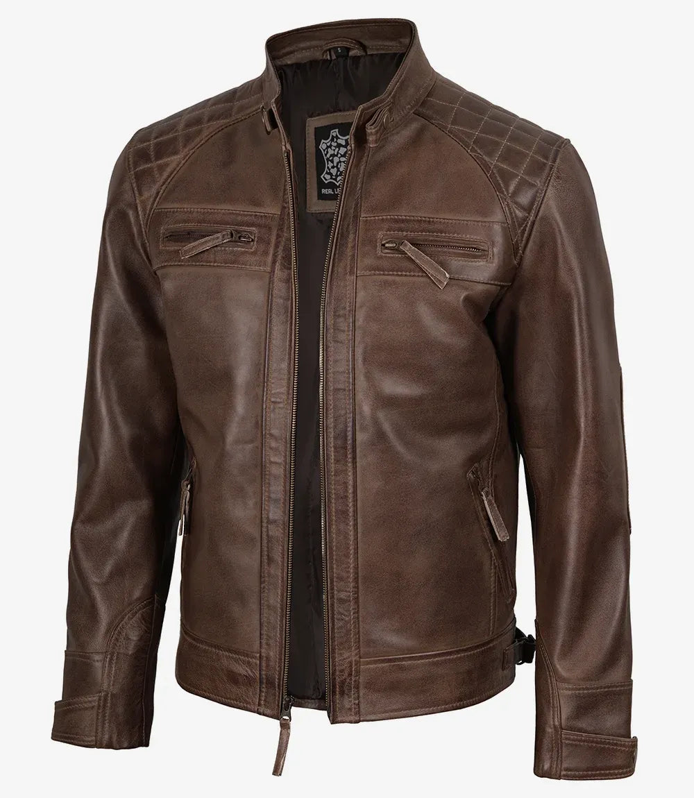 Men's Chocolate Brown Leather Jacket - Quilted Shoulders