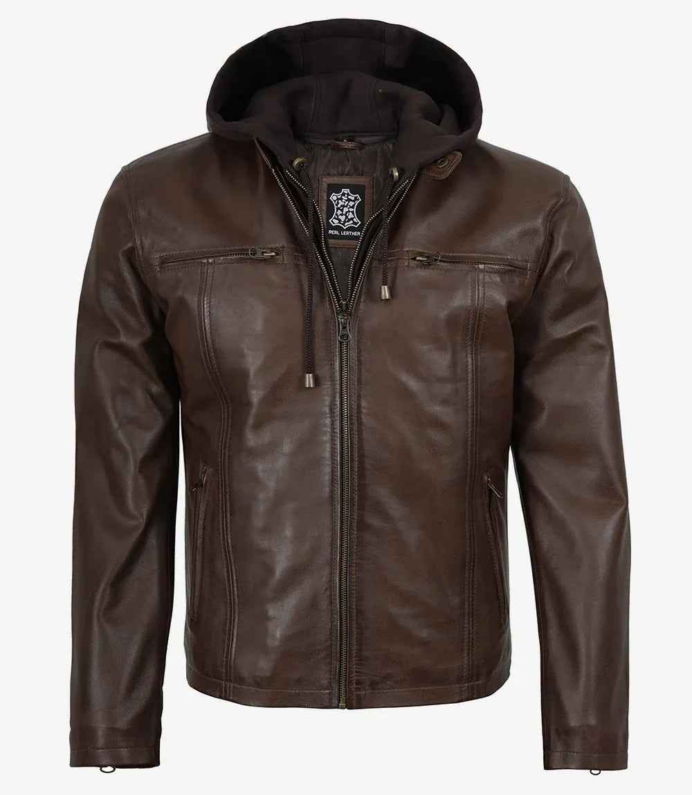 Mens Dark Brown Biker Style Leather Jacket with Hood