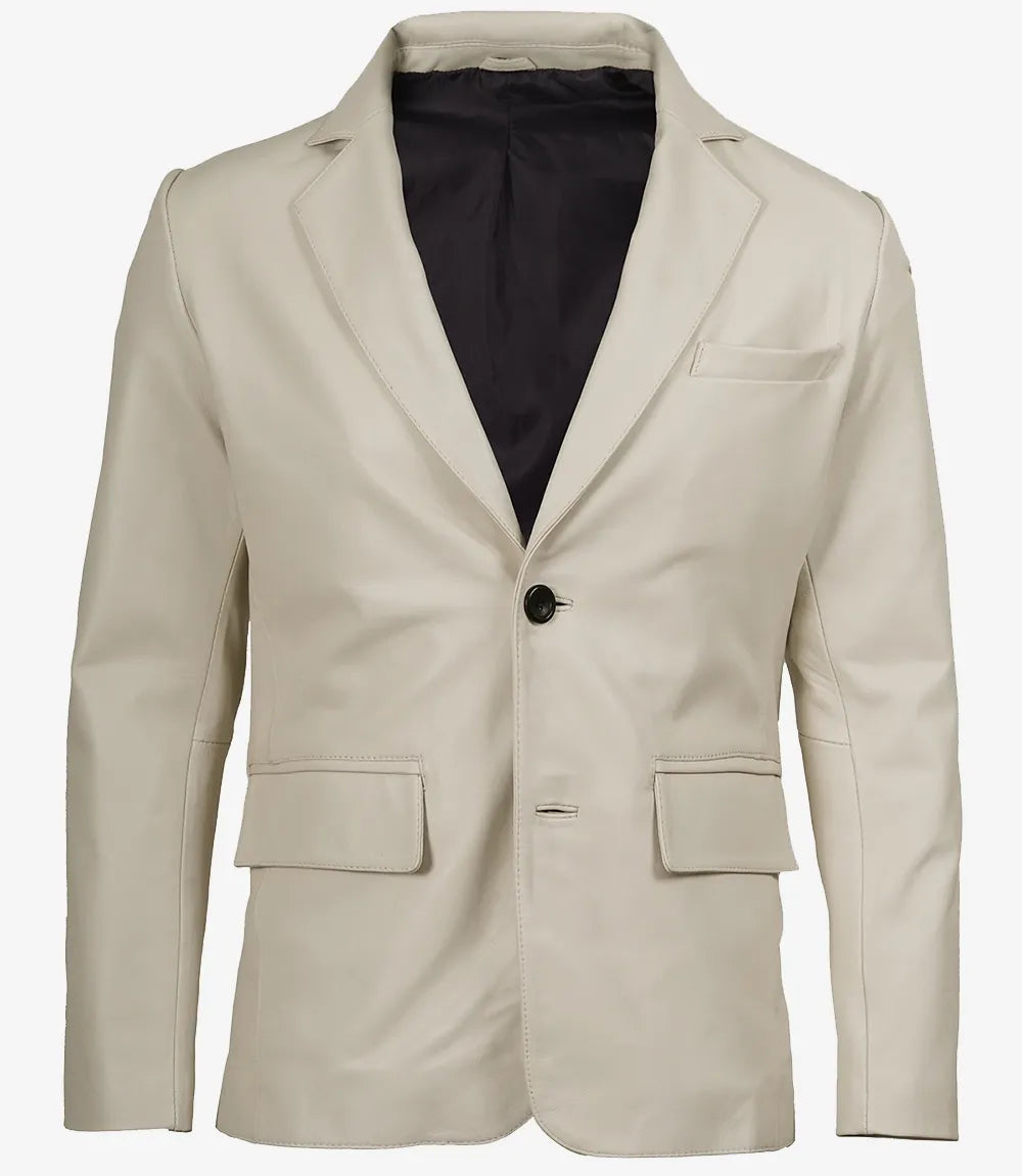 Men's Real Leather Two Button Off White Blazer - Notch Lapel