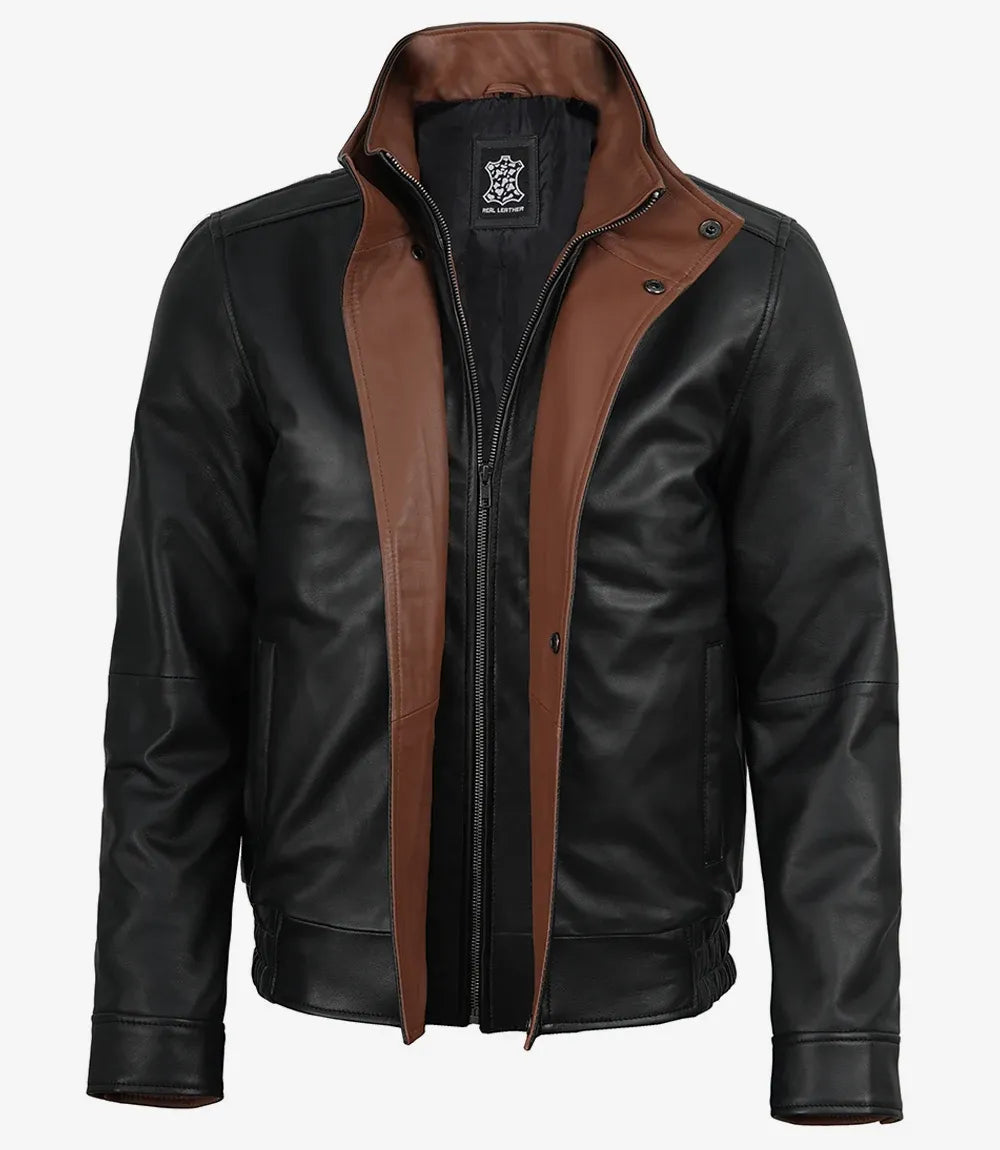 Erin Mens Funnel Collar Black Bomber Leather Jacket With Brown Details
