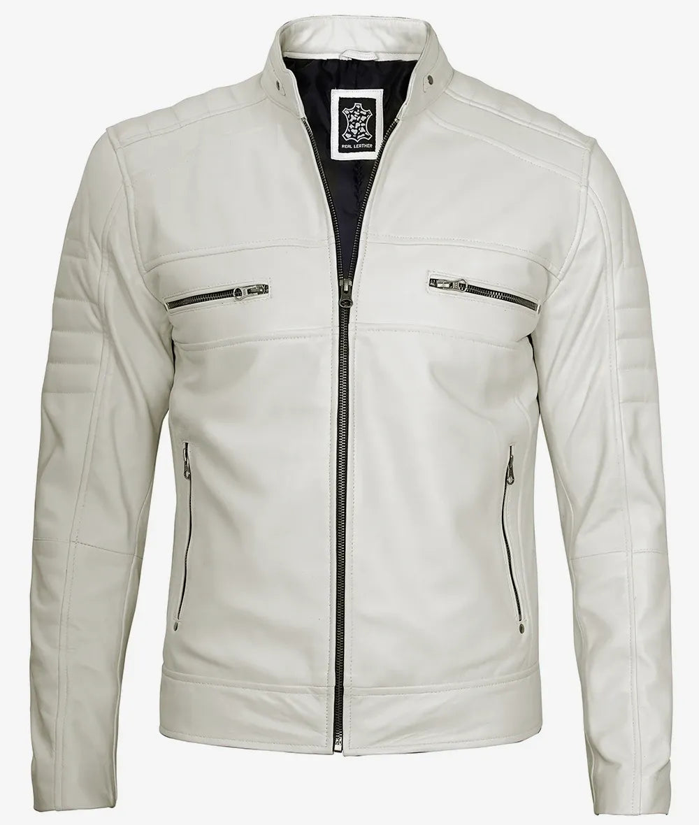Mens Off White Biker Style Leather Jacket - Mandarin Collar