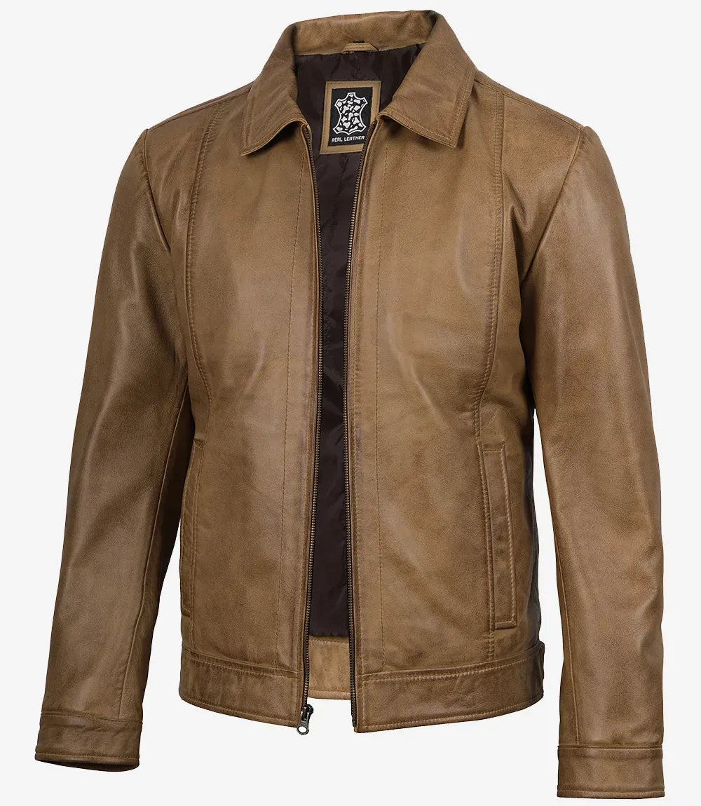 Mens Yellow Waxed Shirt Collar Harrington Leather Jacket