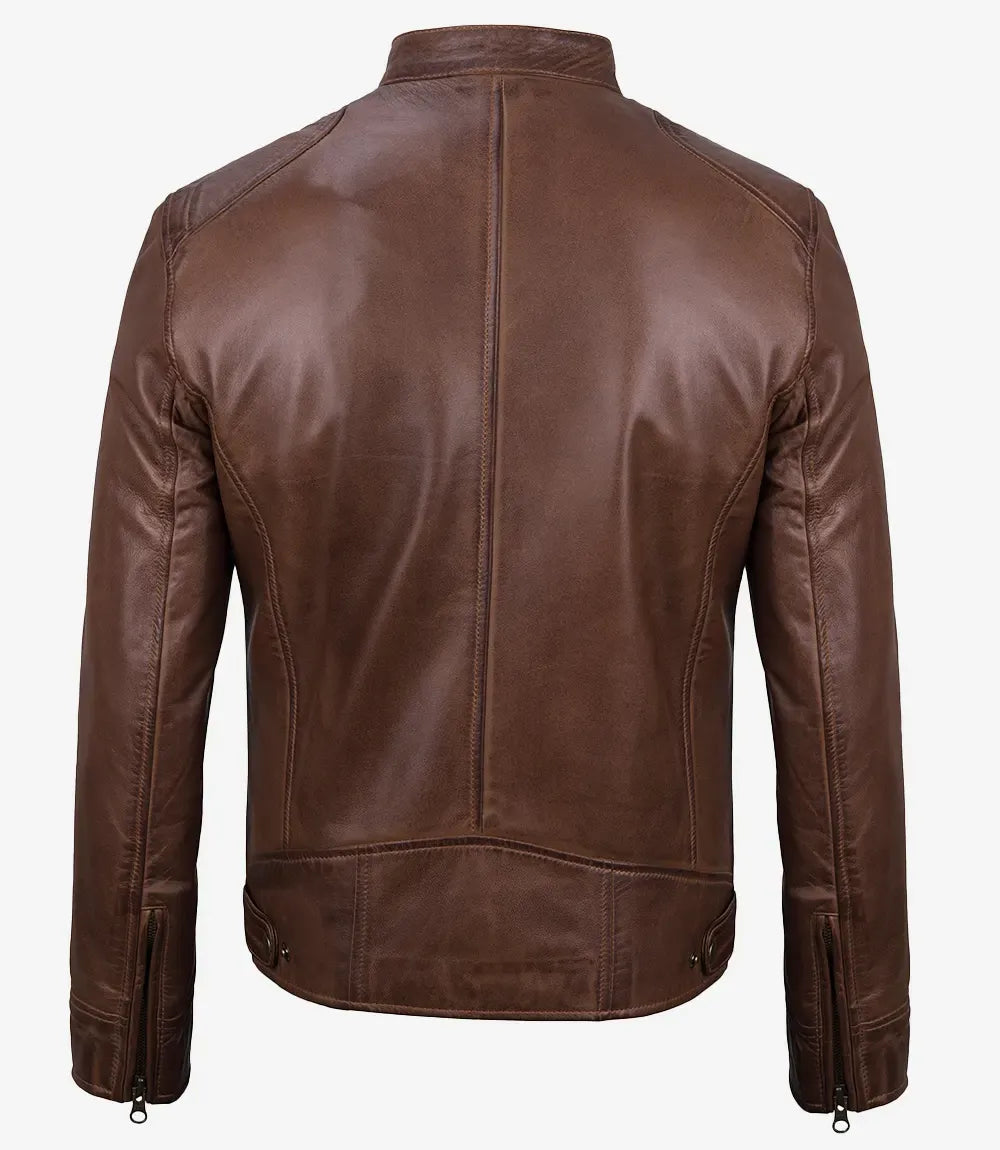 Men's Cognac Waxed Biker Style Leather Jacket