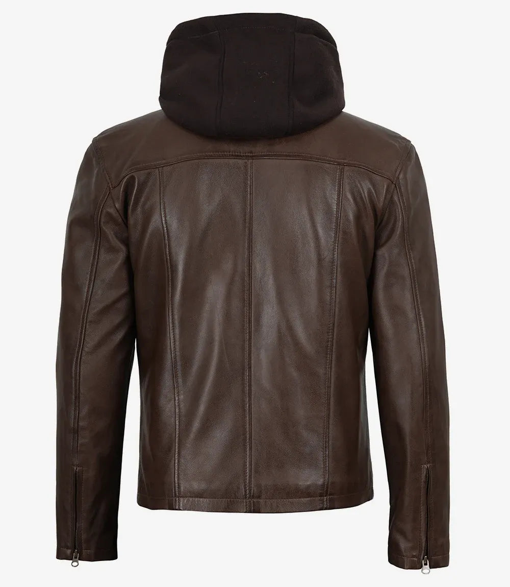 Mens Dark Brown Biker Style Leather Jacket with Hood