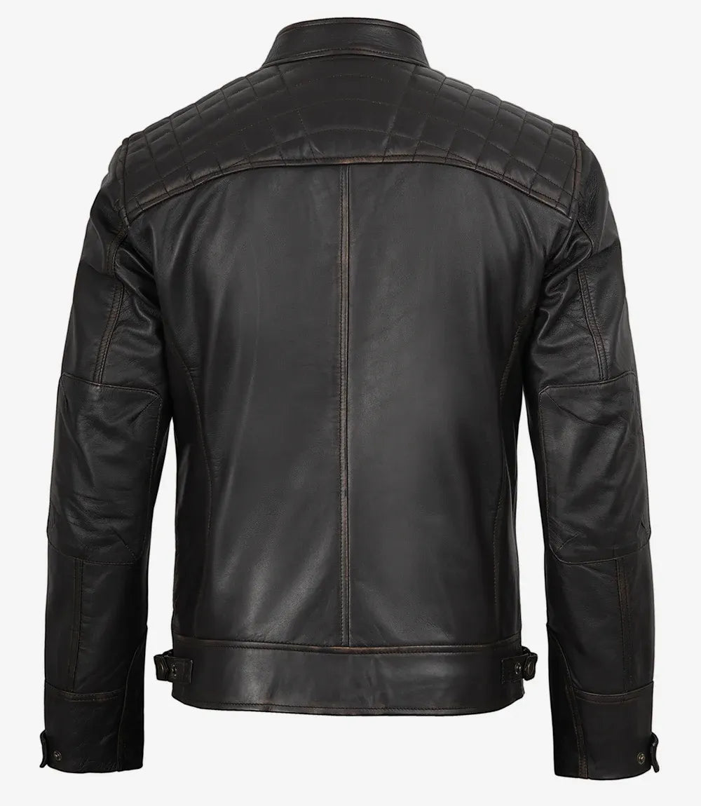 Men's Tall Distressed Brown Leather Biker Style Jacket - Quilted Shoulder