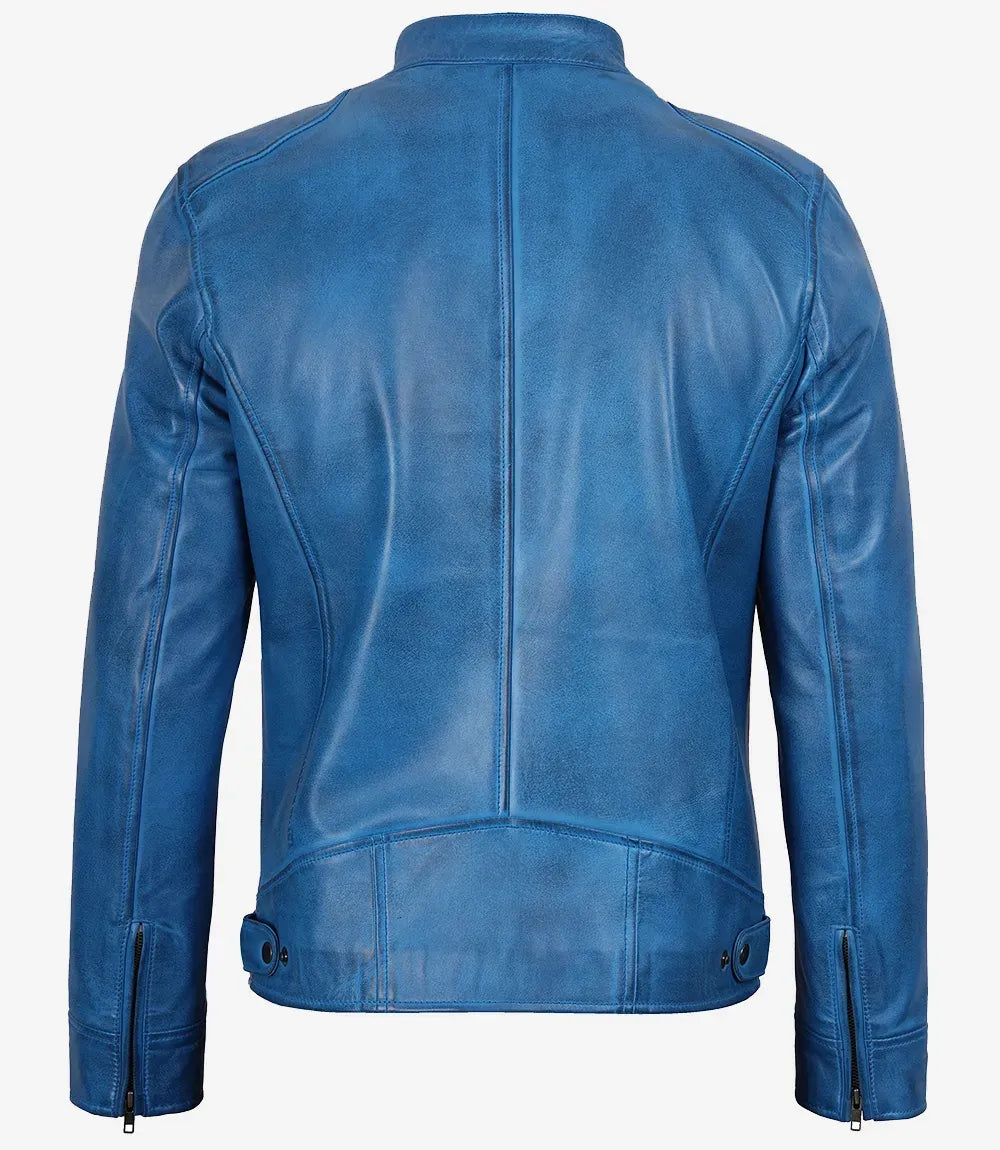 Men's Distressed Blue Leather Biker Style Jacket