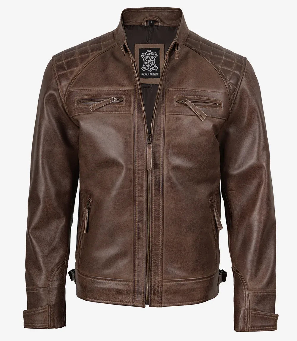 Men's Chocolate Brown Leather Jacket - Quilted Shoulders