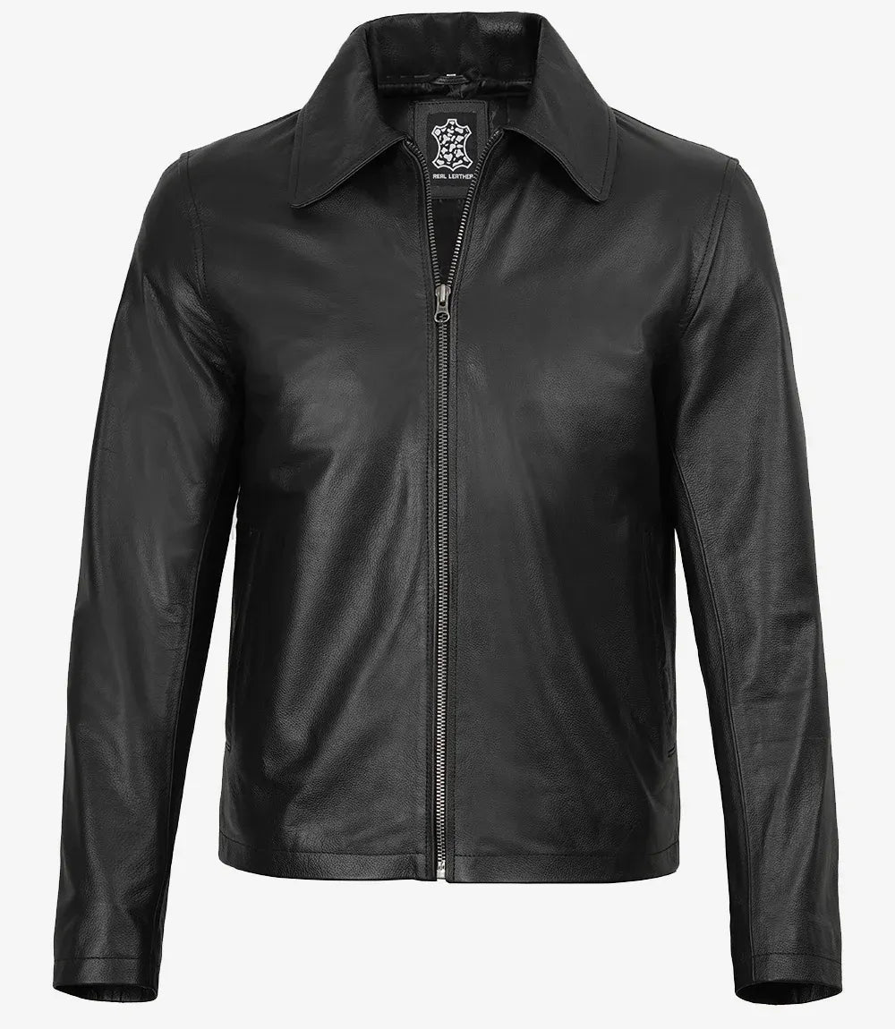 Mens Black Shirt Collar Cowhide Leather Jacket