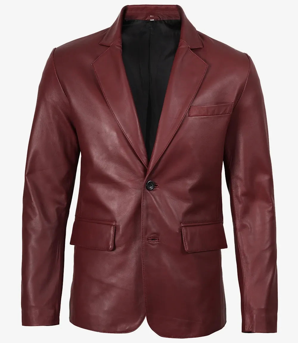 Men's Two Button Maroon Leather Blazer – Notch Lapel