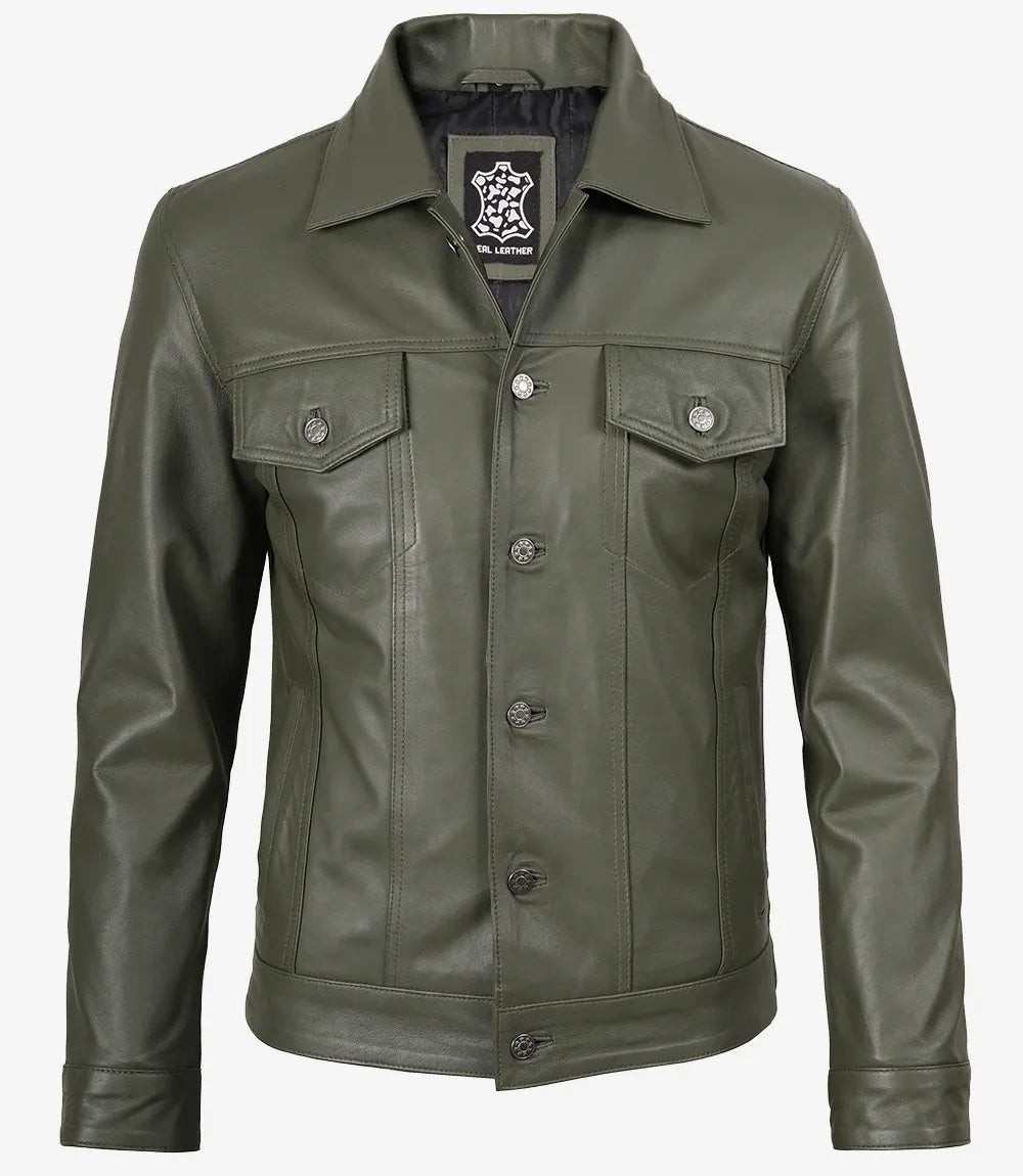 Men's Four Pockets Olive Green Trucker Leather Jacket