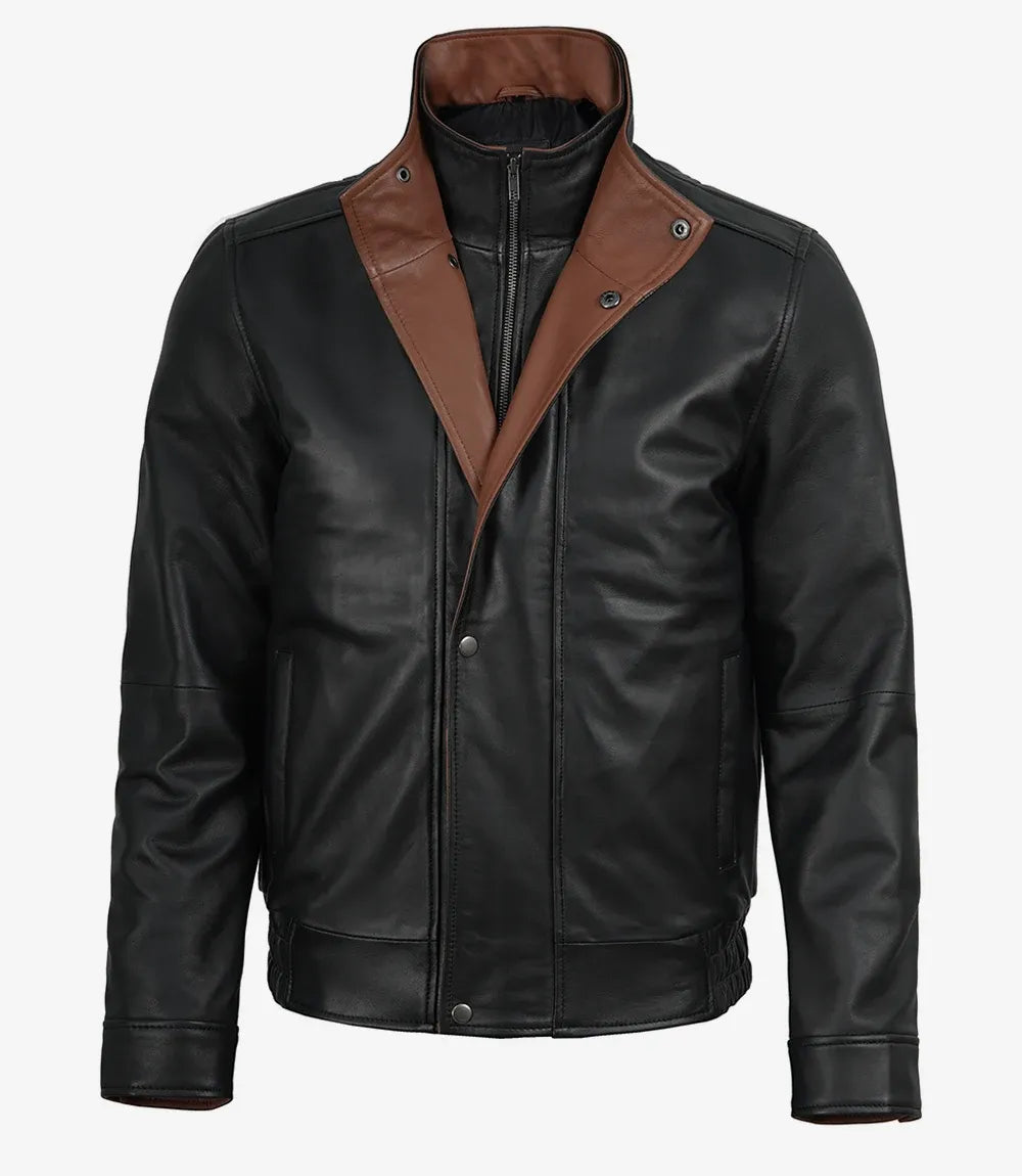 Erin Mens Funnel Collar Black Bomber Leather Jacket With Brown Details