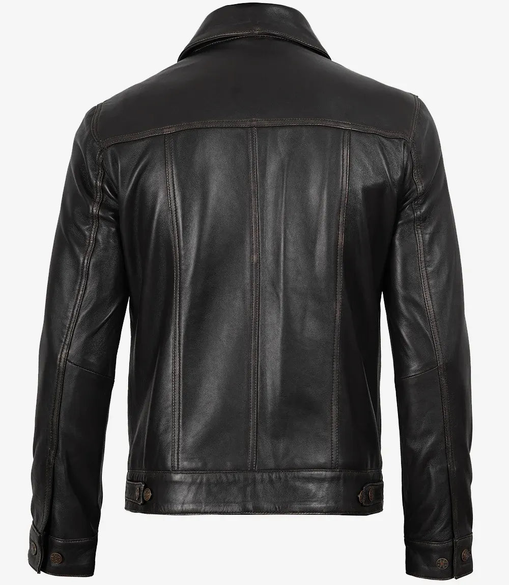 Men's Distressed Brown Leather Trucker Jacket