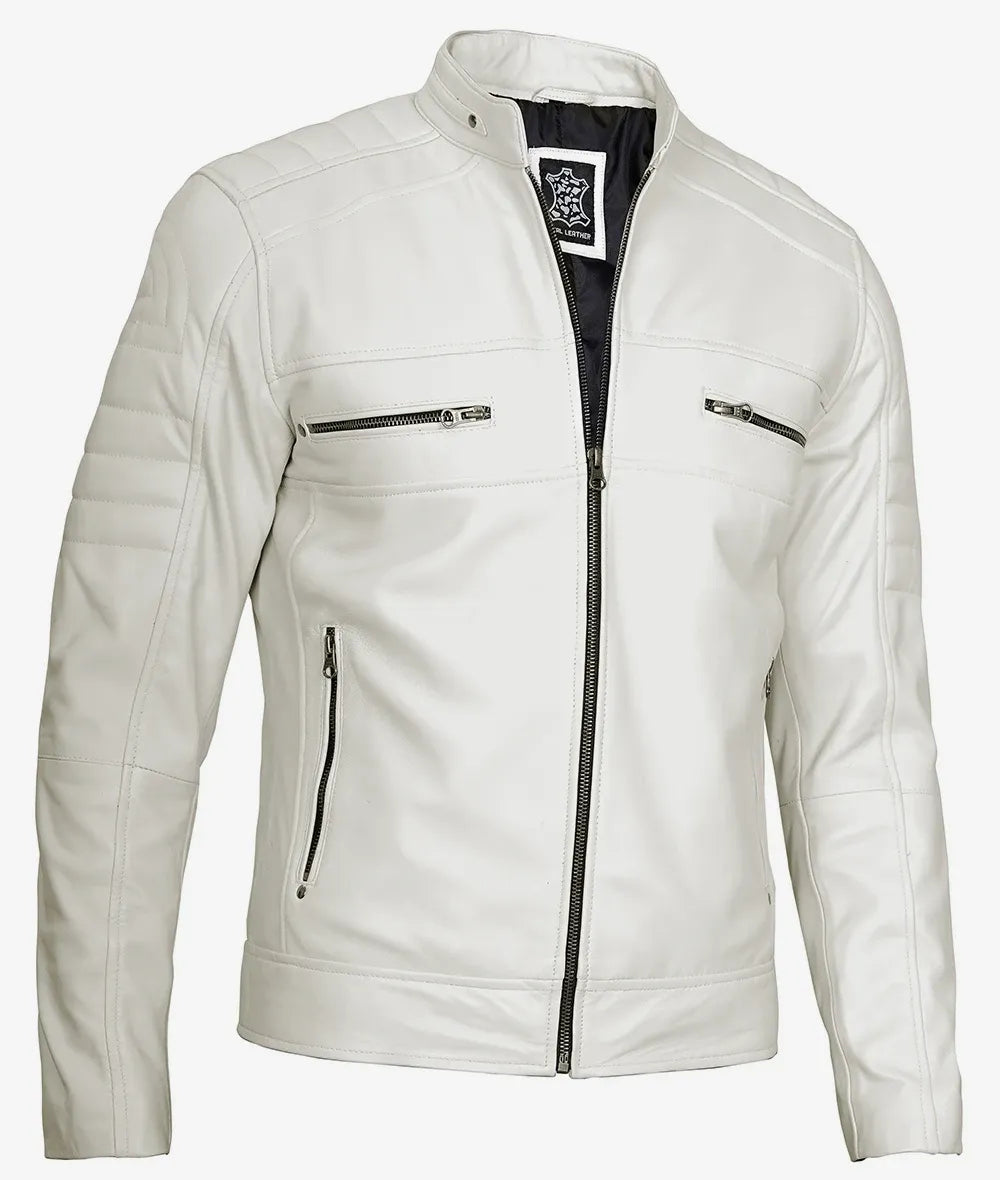 Mens Off White Biker Style Leather Jacket - Mandarin Collar